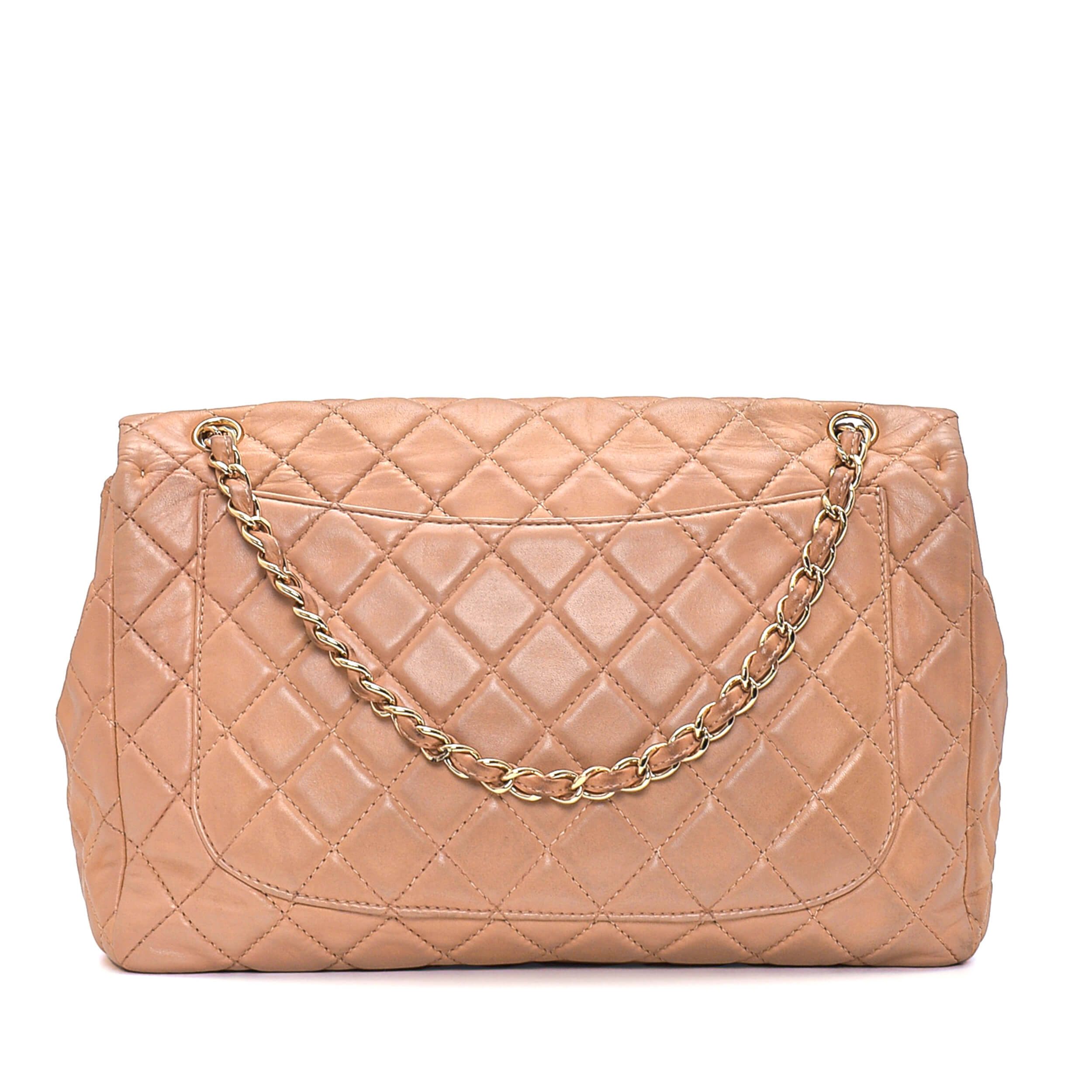 Chanel - Beige Quilted Lambskin Leather Vintage Single Flap Jumbo Bag